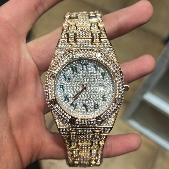 Mens Arabic dial watch cz diamonds rose gold round dial premium quality - Picture 3 of 3